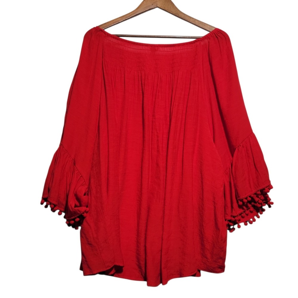 Cato Woman Plus 26W/28W Ruffle Flutter Sleeve Top Off Shoulder Pom Pom Tassels - Picture 2 of 3